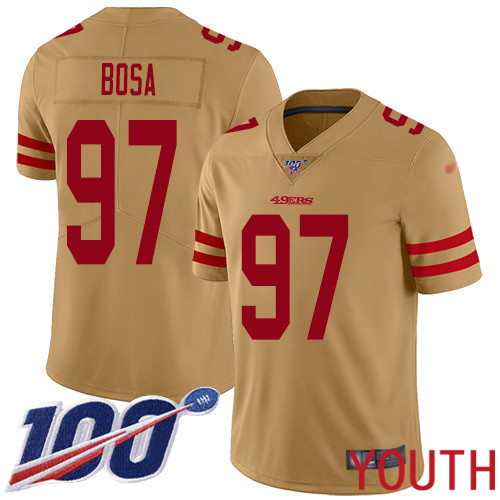 San Francisco 49ers Limited Gold Youth Nick Bosa NFL Jersey #97 100th Season Vapor Untouchable Inverted Legend->women nfl jersey->Women Jersey